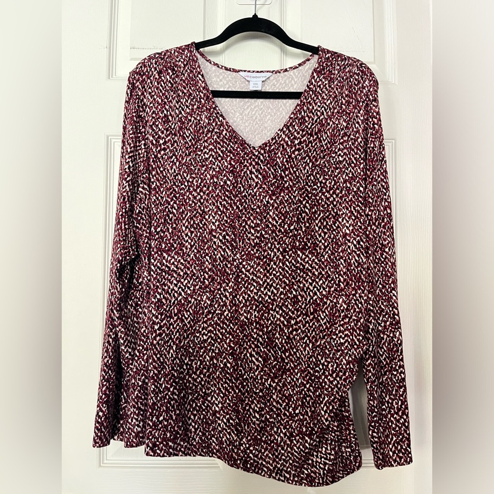 Liz Claiborne Burgundy and Cream V-Neck Long Sleeve Top